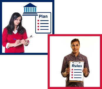Montage of two images. The first is a woman writing on a clipboard and a government and plan icon, the second is a man holding a clipboard