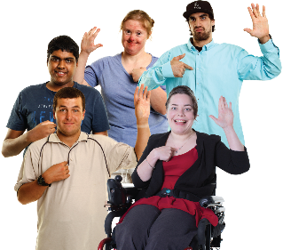 A group of people with disability pointing at themselves. 