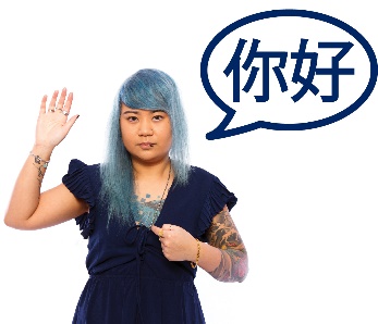 A woman pointing at herself and a speech bubble with Mandarin in it. 