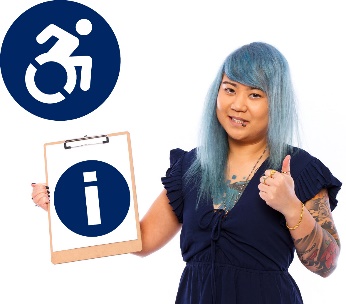A woman holding a clipboard with the information icon on it. Above her is the disability icon. 