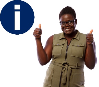 A woman giving two thumbs up and the information icon.
