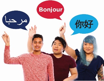 A group of people raising their hands and three speech bubbles with different languages in it.