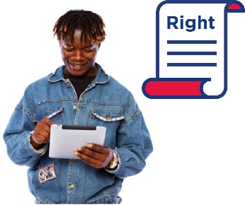 A man reading an iPad and the rights icon.