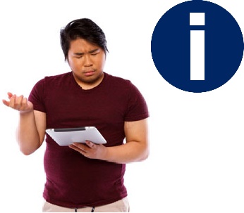 A man reading an iPad and looking confused. The information icon is next to him. 