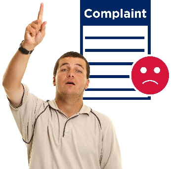A man raising his hand to say something and a complaint form with a sad face on it. 