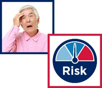 Montage of two images. The first is an older woman looking shocked, the second is a high risk icon.