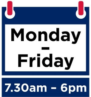 Calendar icon with Monday and Friday from 730am to 6pm written on it