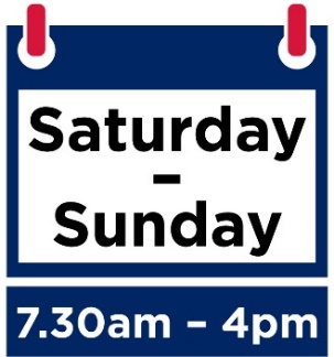 Calendar icon with Saturday and Sunday from 730am to 4pm written on it