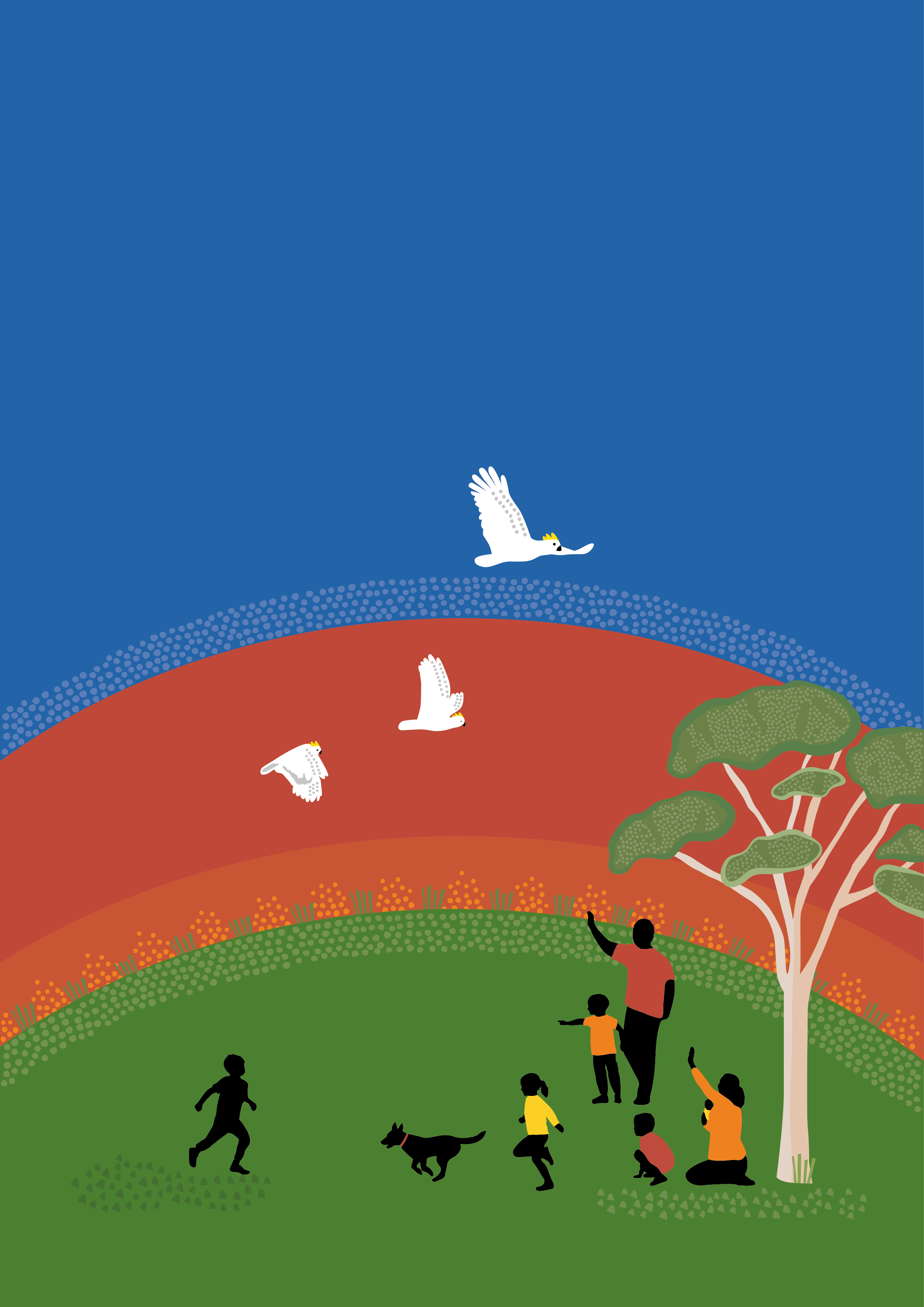 An artwork showing a child running towards his family as they are gathered under a gum tree. They raise their arms towards him. The sky is orange, red and blue. Three cockatoos fly in the sky.