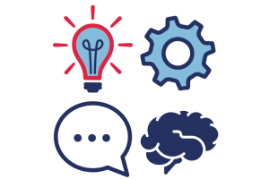 4 icons: a glowing light bulb, a cog, a speech bubble, a brain.